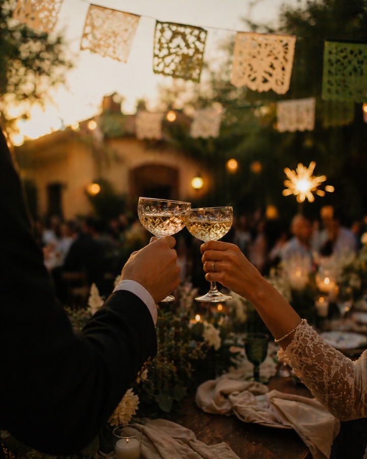 Pareja brindando con copas en una boda al atardecer con papel picado