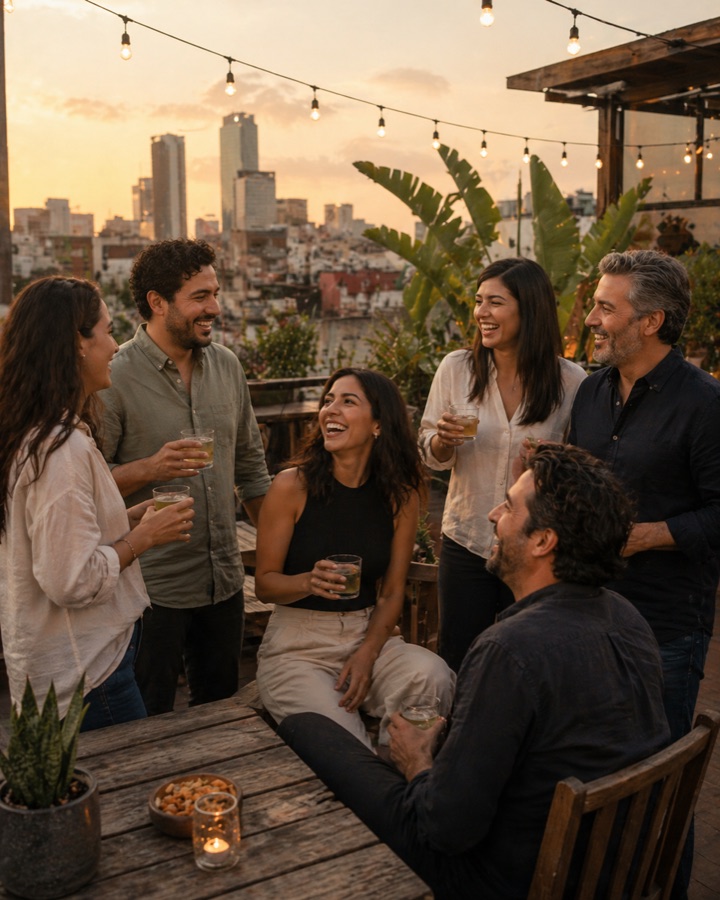 Reunión de equipo en una terraza con luces tenues al atardecer